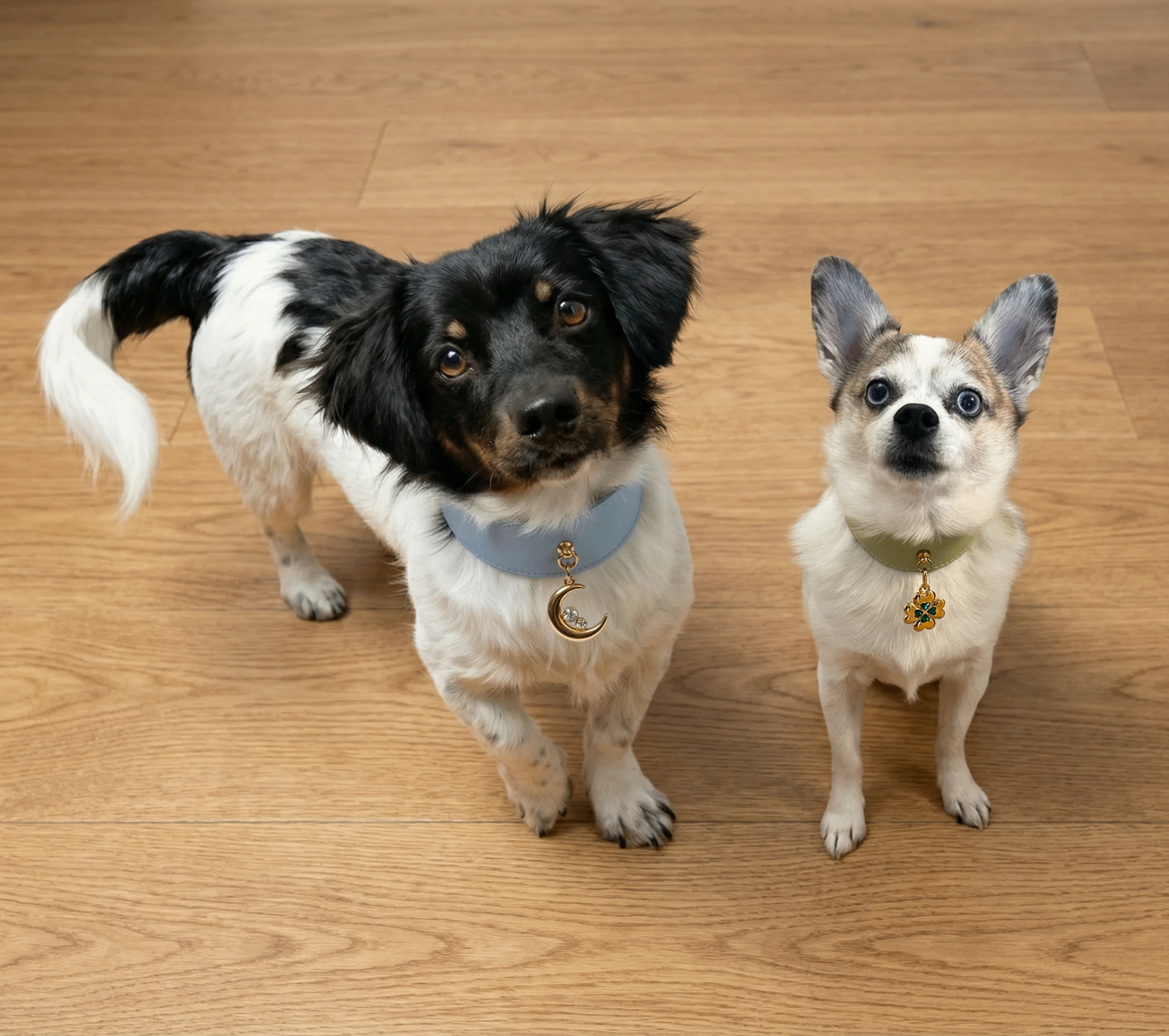 Tobey and Oliver, the two dogs who started it all, wearing the Luna and Clover charms.