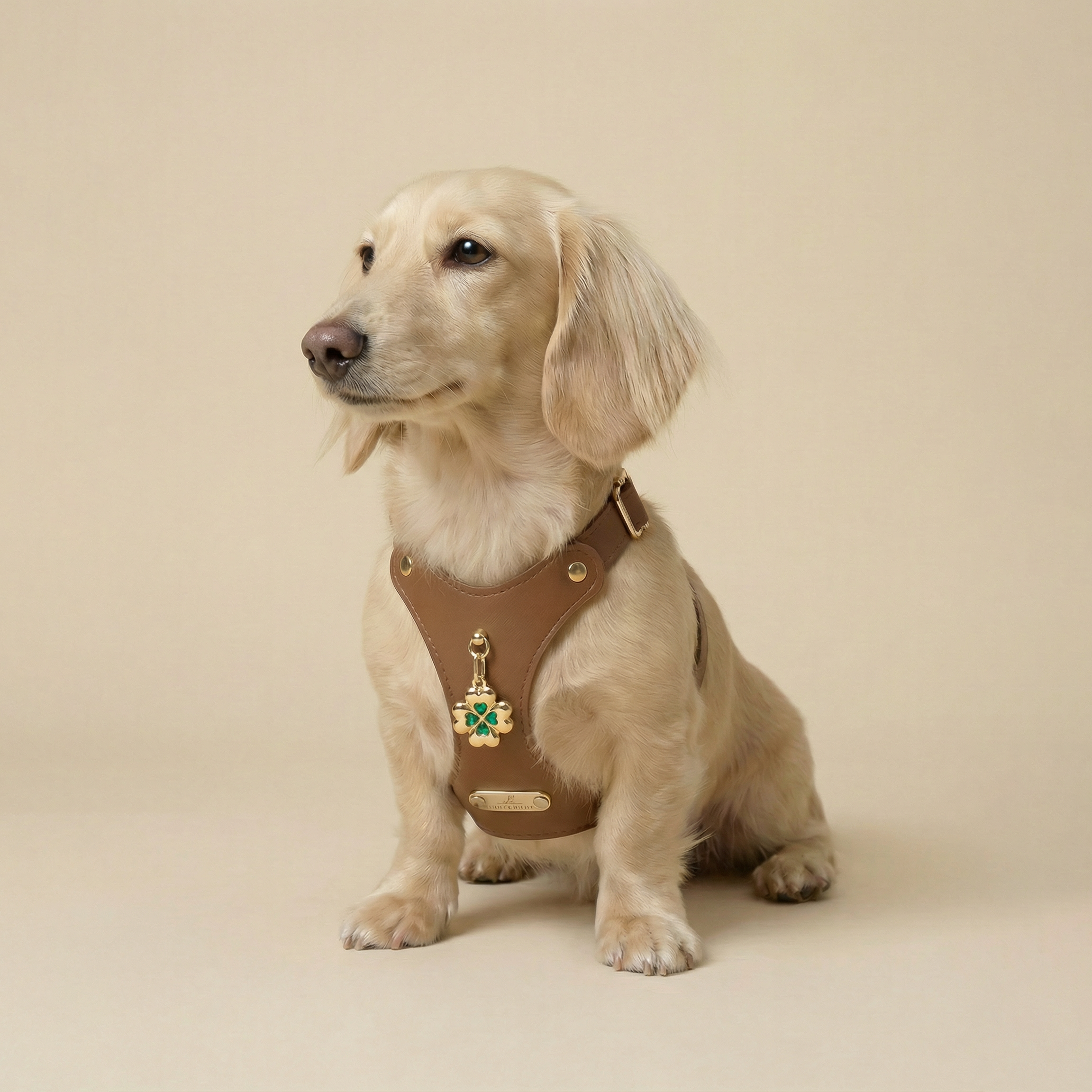 Dachshund wearing the Clover harness