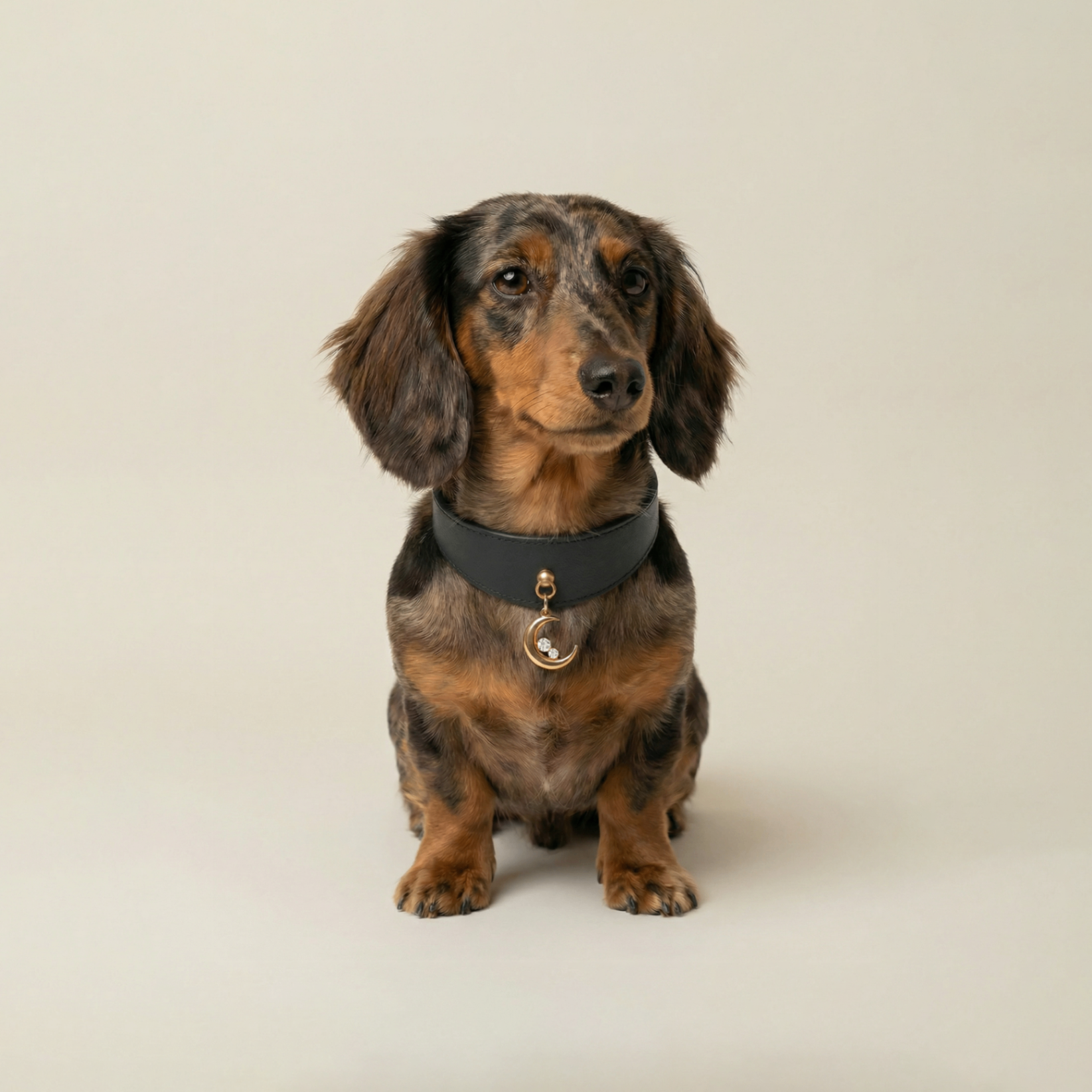 Dapple dachshund wearing a black collar with Luna charm